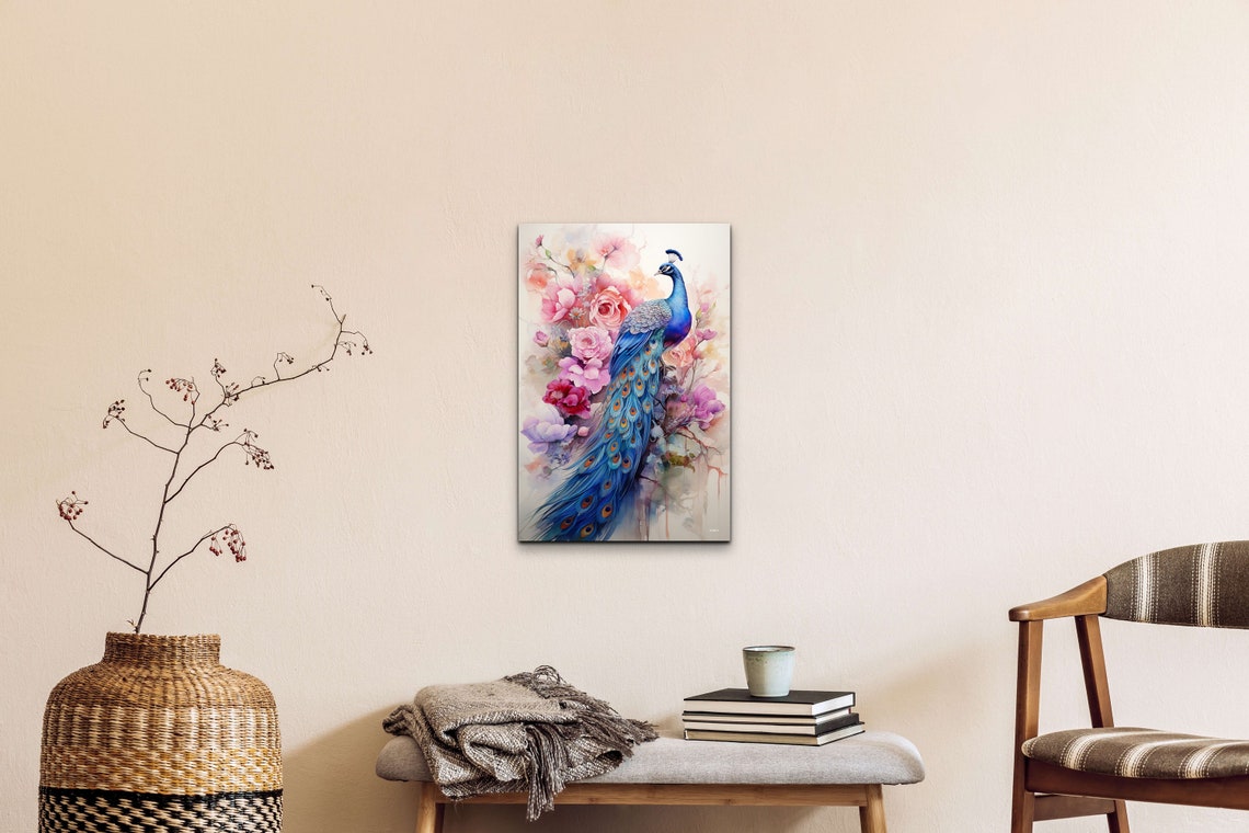 Peacock With Pink Flowers Vintage Oil Painting Style Art Poster - Image 3