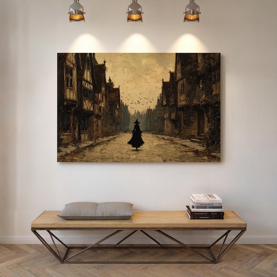 Witch Silhouette Walking Dark Old Town Street at Dusk Poster
