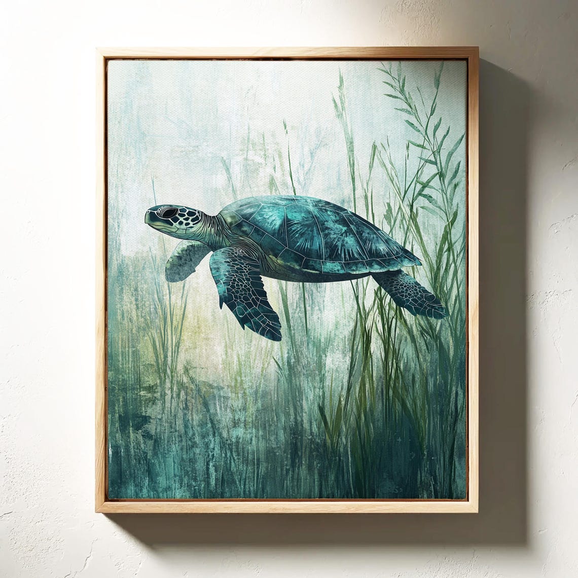 Sea Turtle Swimming Through Watercolor Seagrass Teal Ocean Art Poster