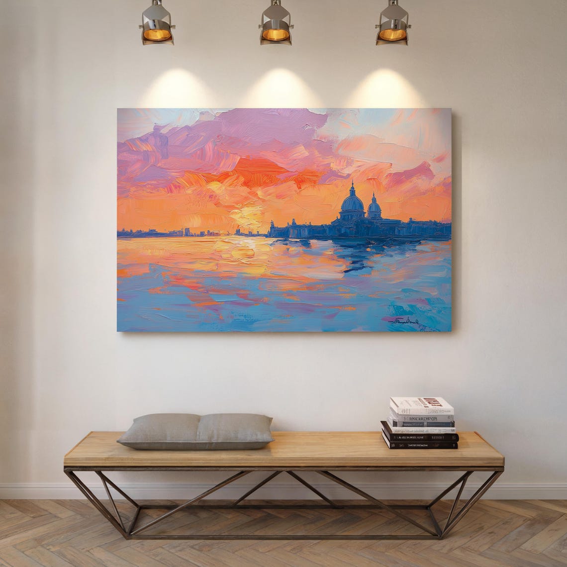 Venice Sunset Skyline Golden Orange Impasto Oil Painting Poster - Image 6