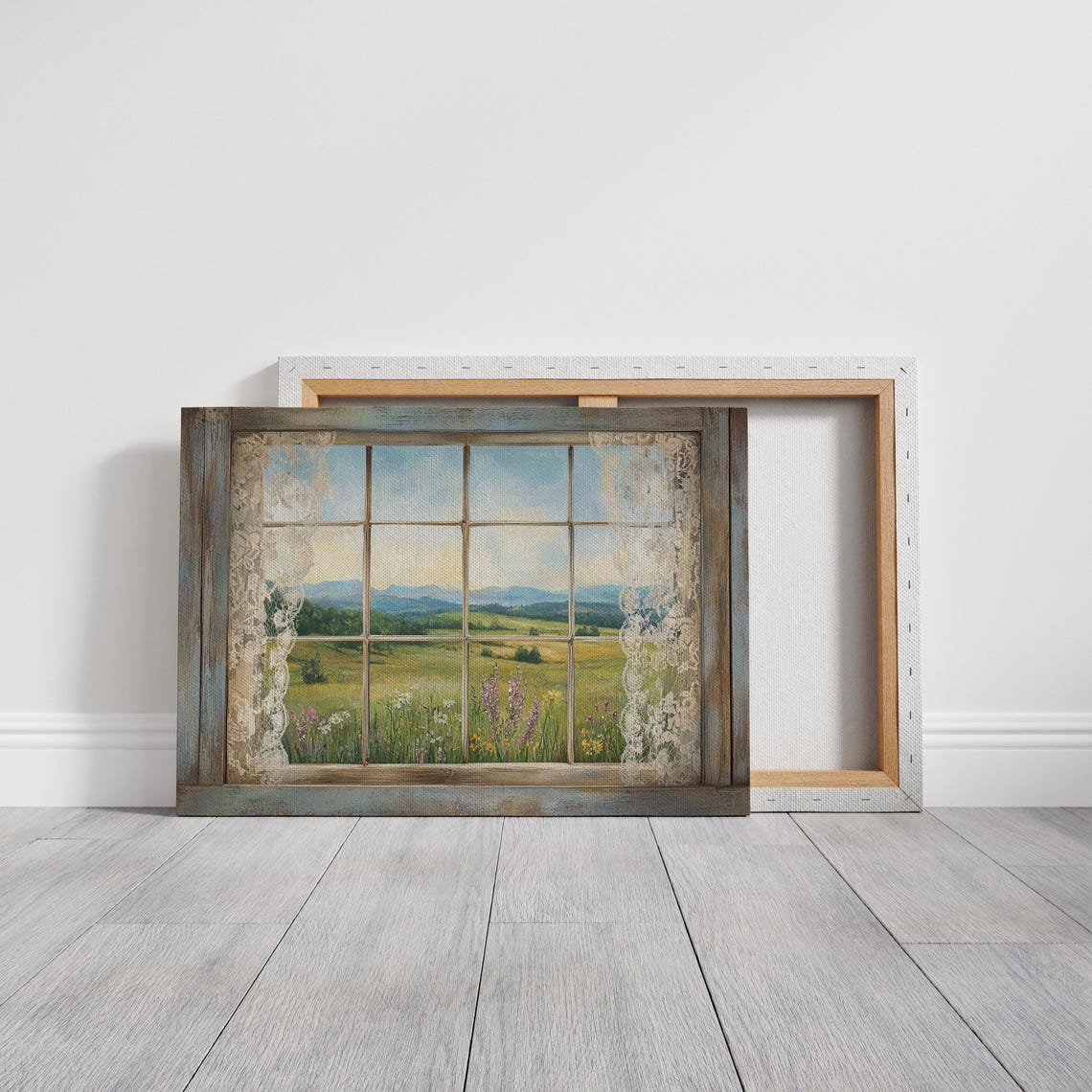 Rustic Window View Over Wildflower Meadow Vintage Lace Poster - Image 2