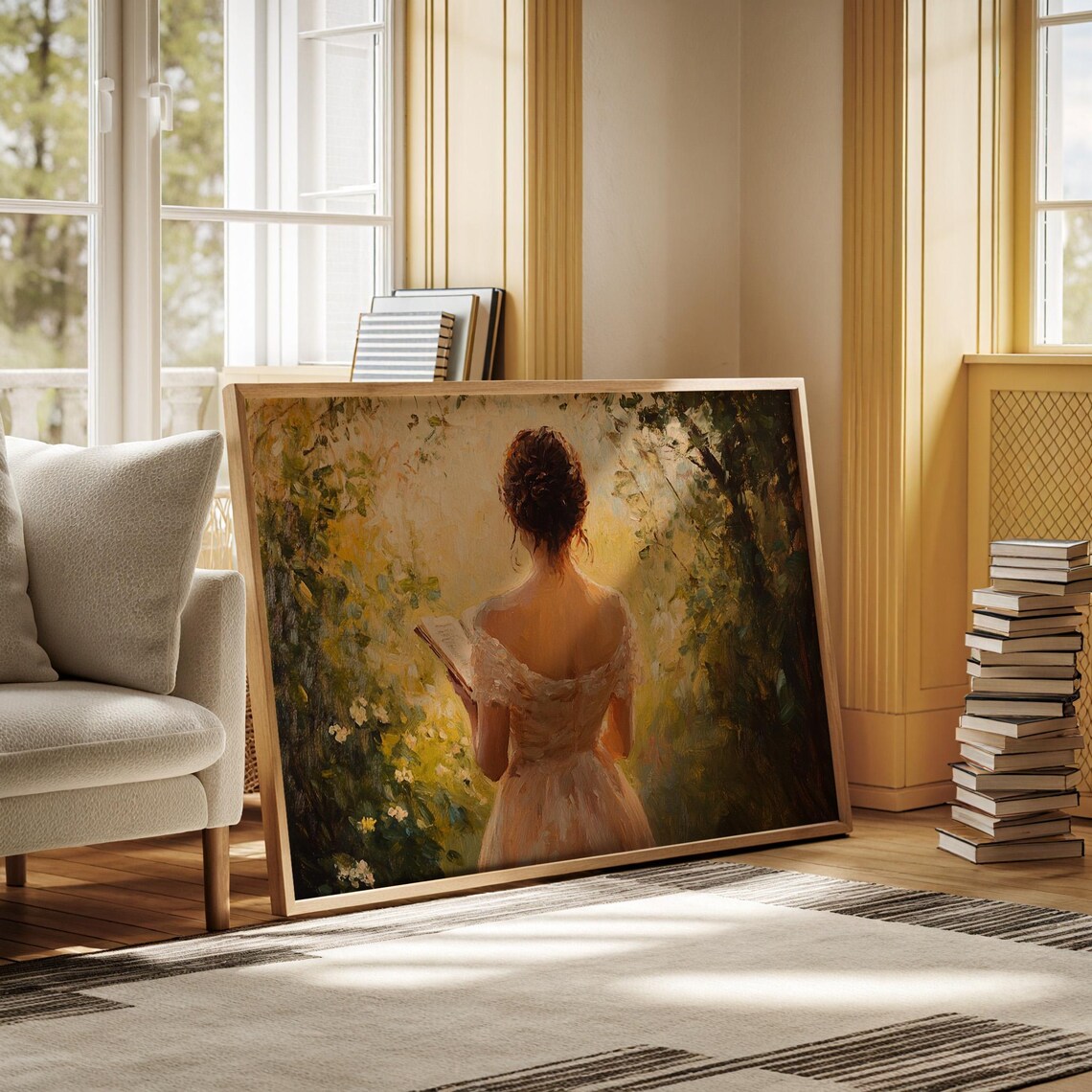 Romantic Woman Reading in Sunlit Garden Vintage Oil Painting Poster - Image 5