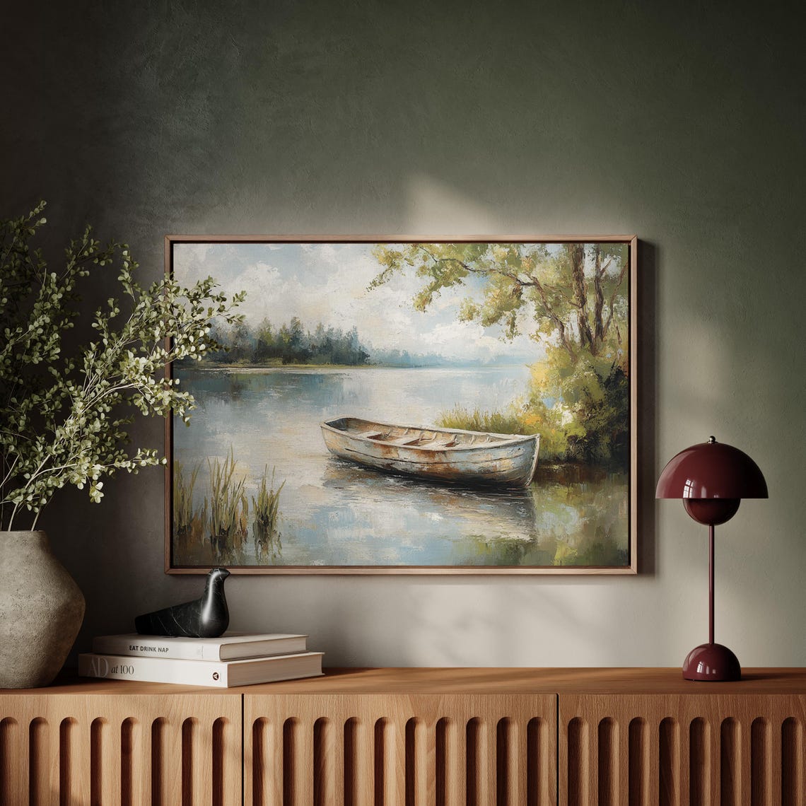 Rustic Rowboat Calm Lake Vintage Lakeside Landscape Wall Art