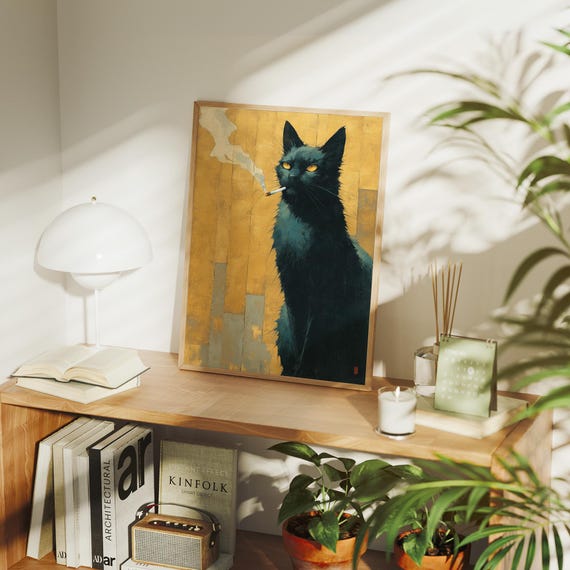 Cool Black Cat With Cigarette Retro Mustard Yellow Feline Wall Art