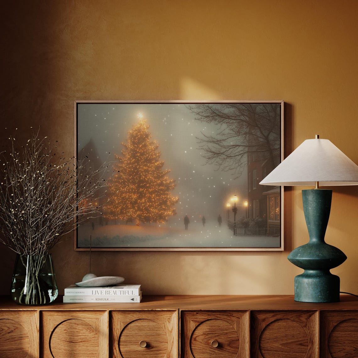 Glowing Christmas Tree In Snowy Evening Park Winter Dusk Poster