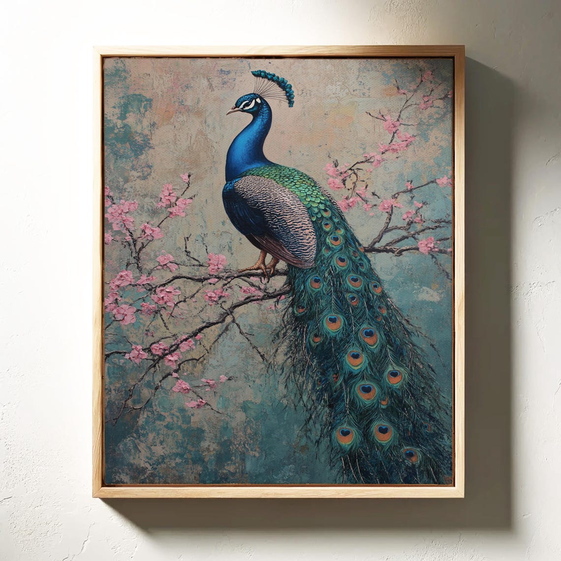 Majestic Peacock Cherry Blossom Branch Vintage Textured Art Poster - Image 3