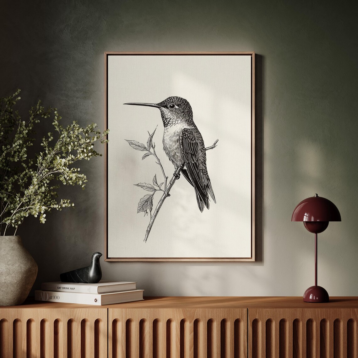 Hummingbird Pen Sketch Black Ink Bird Line Art Botanical Poster