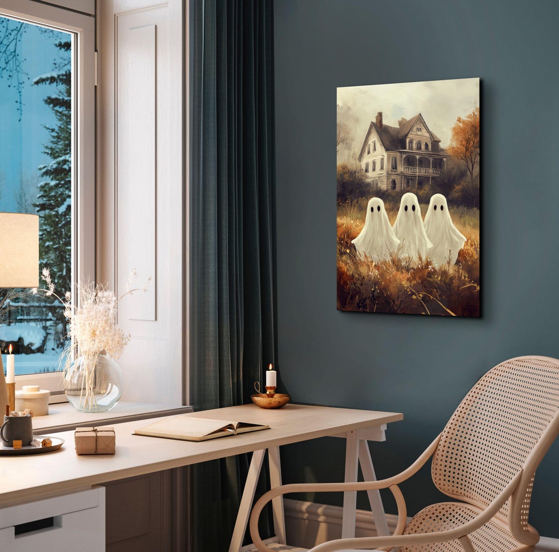 Three Cute Ghost Friends Old House Autumn Field Halloween Poster - Image 5