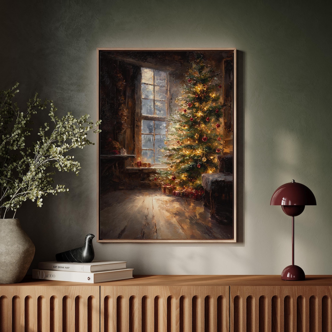 Glowing Christmas Tree By Candlelit Window Warm Golden Holiday Art Poster