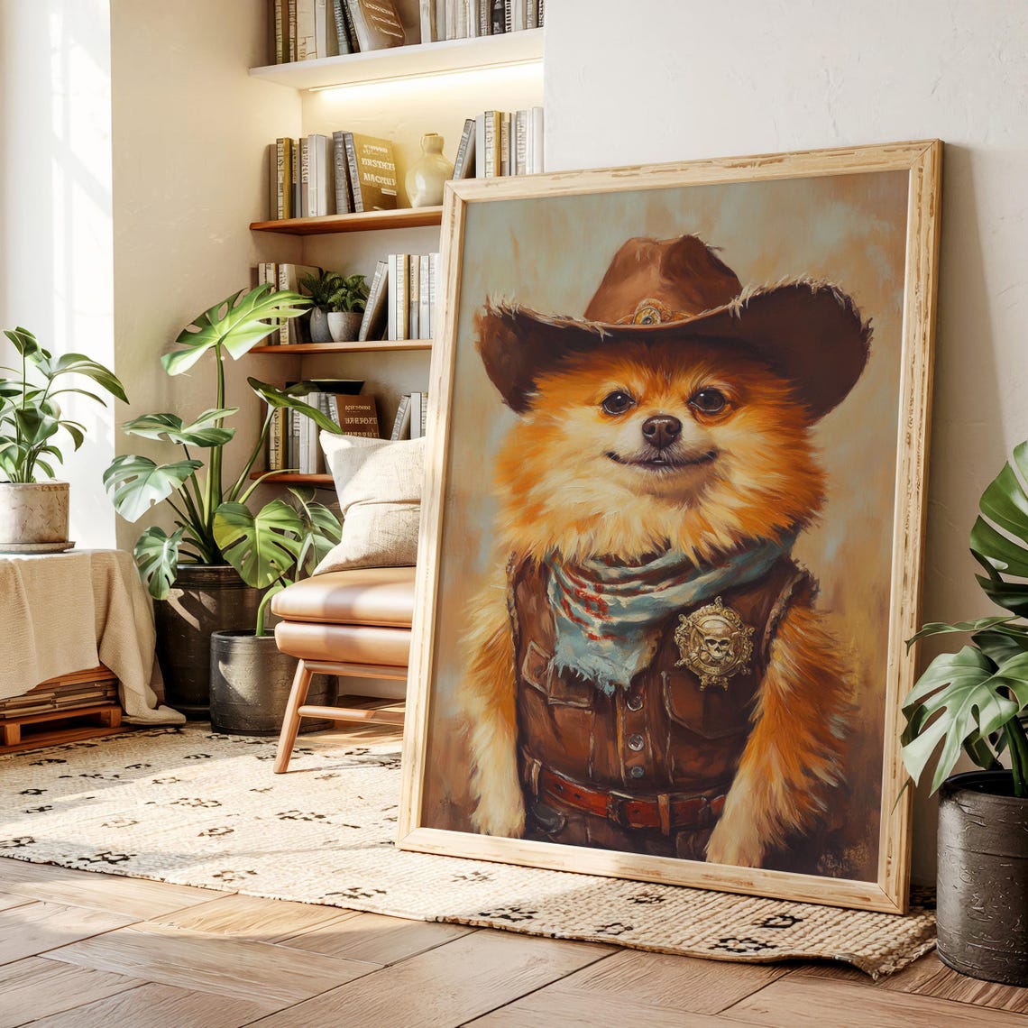 Pomeranian Dog Cowboy Sheriff Portrait Fluffy Orange Hat Badge Poster