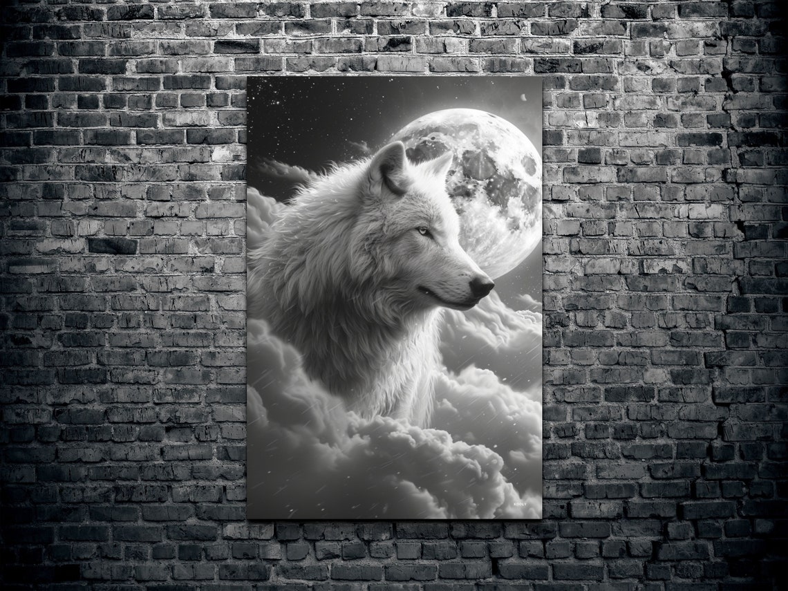 White Wolf Full Moon Night Sky Black White Wild Animal Poster - Image 2
