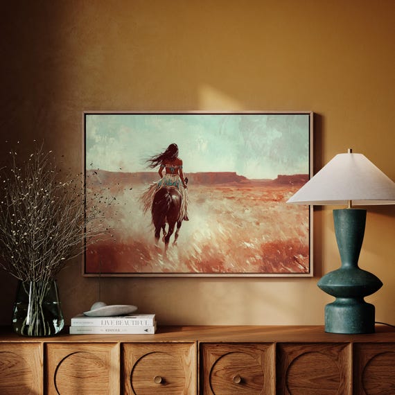 Native Woman Riding Through Desert Plains, Boho Rustic Art Print