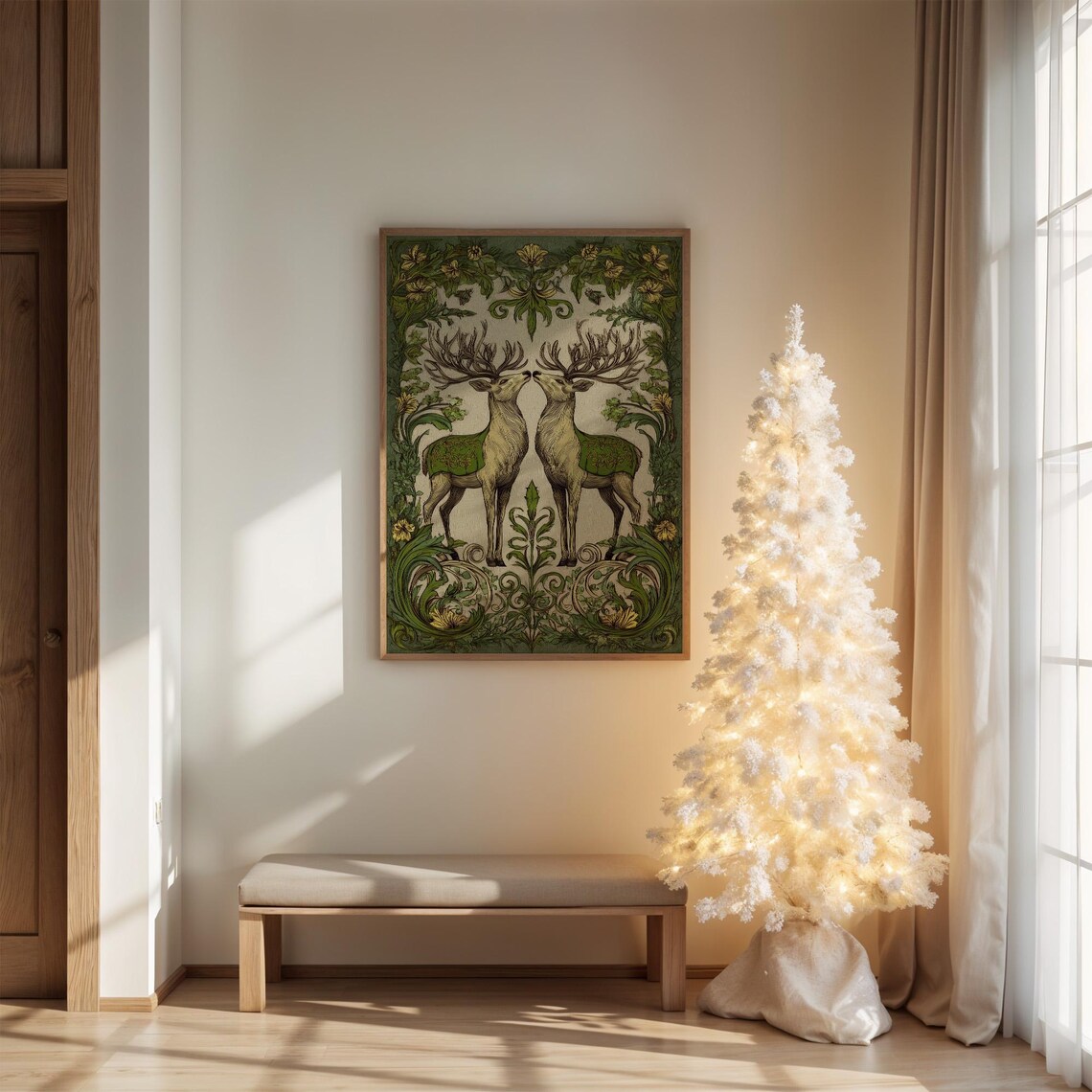 Twin Stags, Medieval Style Floral Border Art Print