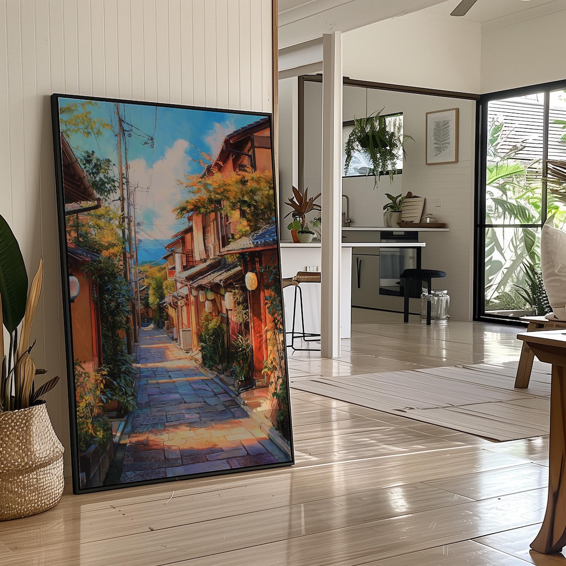 Sunlit Kyoto Alley With Wooden Machiya and Paper Lanterns Poster