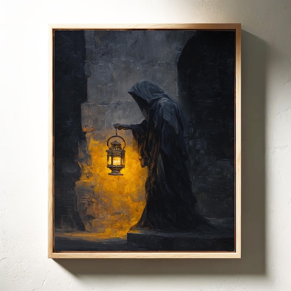 Cloaked Figure With Lantern In Dark Stone Crypt Golden Glow Night Wall Art