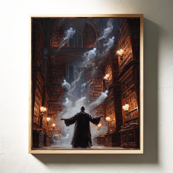 Wizard Summoning Ghosts In Grand Dark Library Magical Fantasy Night Wall Art