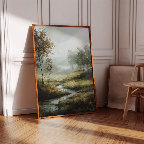 Peaceful Stream In Misty Meadow Landscape Canvas Serene Nature Wall Art Vintage Oil Painting Style For Living Room Or Entryway