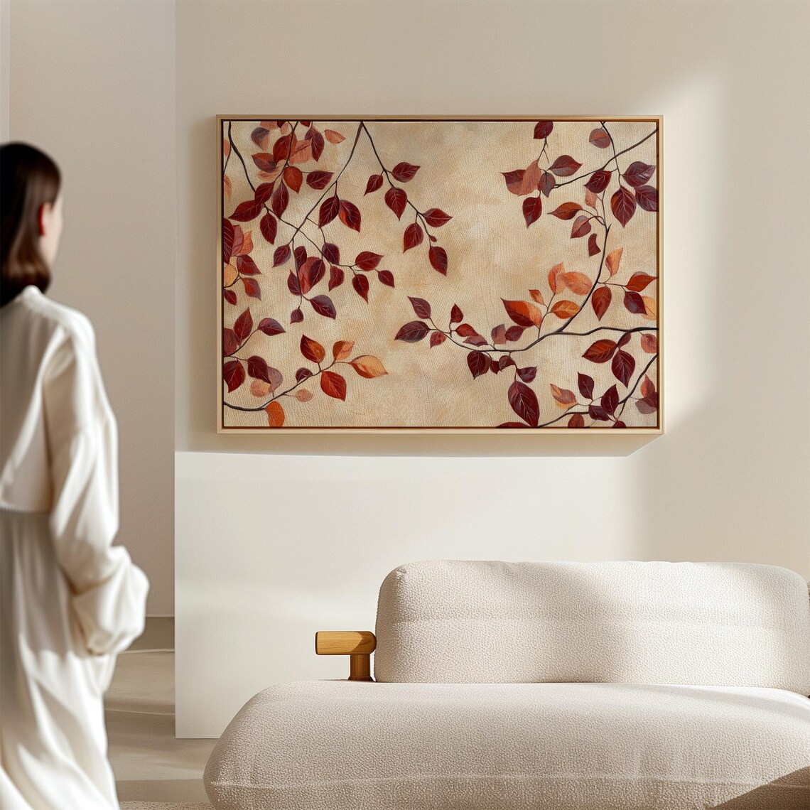 Burgundy And Orange Autumn Leaves On Cream Textured Botanical Poster - Image 4