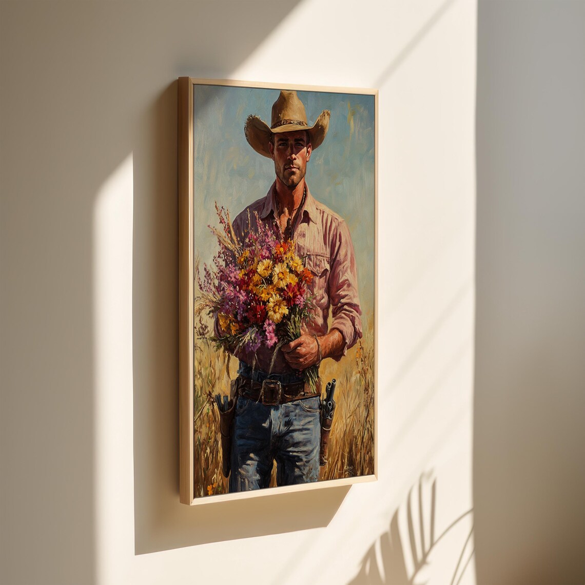 Rugged Cowboy Holding A Bouquet Of Wildflowers Oil Painting Poster