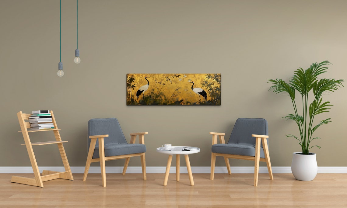 Red Crowned Cranes and Bamboo on Gold East Asian Style Poster - Image 7