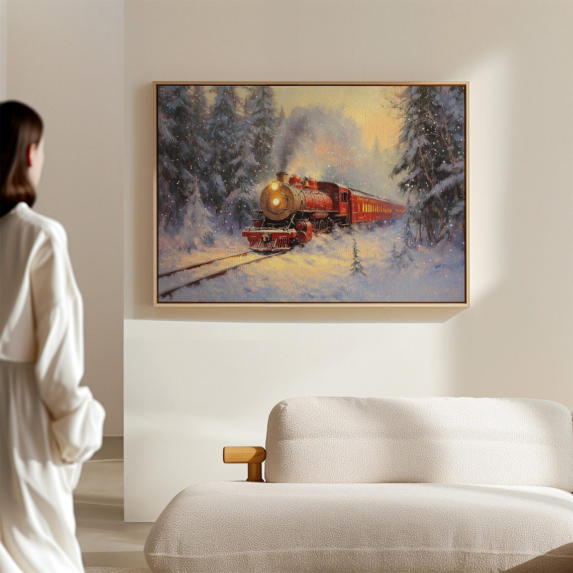 Red Steam Train In Snowy Forest Glowing Sunset Winter Wall Art - Image 7