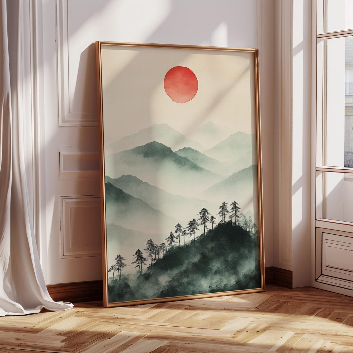 Misty Green Mountain Ink Wash With Red Sun Japanese Zen Poster - Image 5