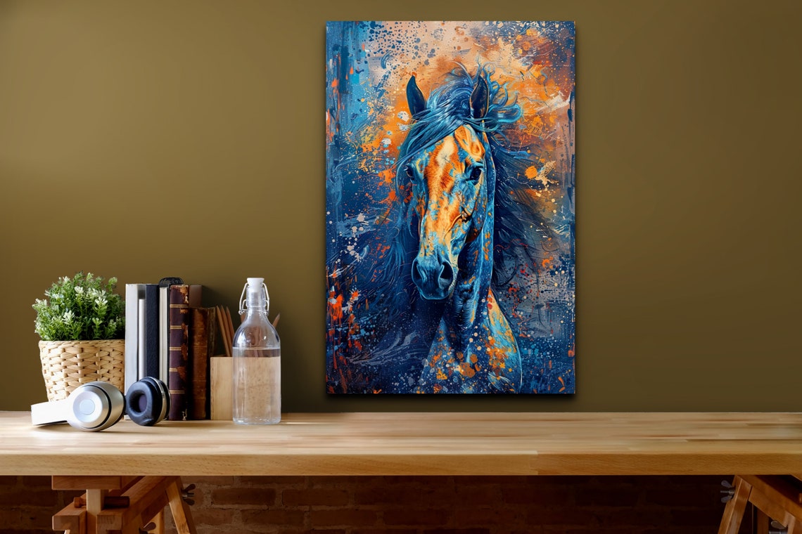 Wild Horse Portrait in Blue Orange Splatter Paint Abstract Poster - Image 5
