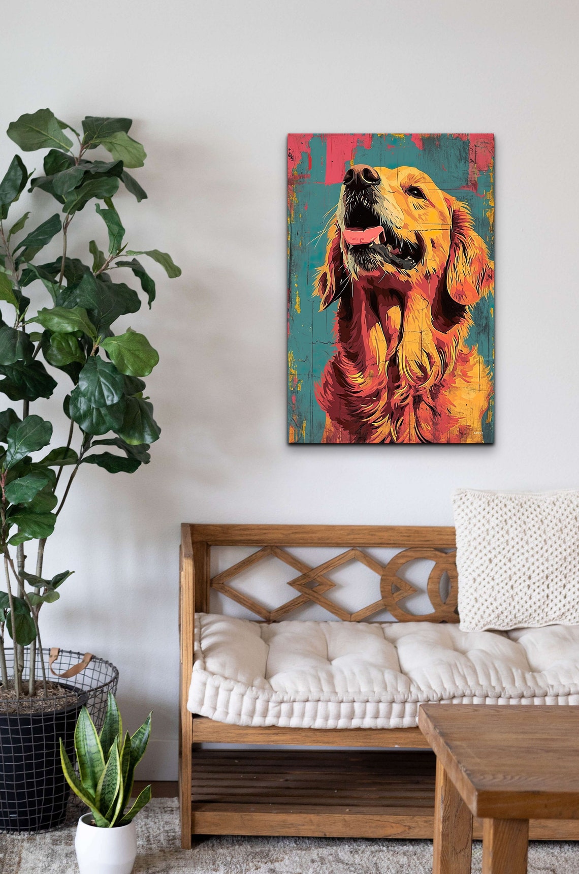 Joyful Golden Retriever Looking Up in Warm Pop Art Style Poster - Image 6