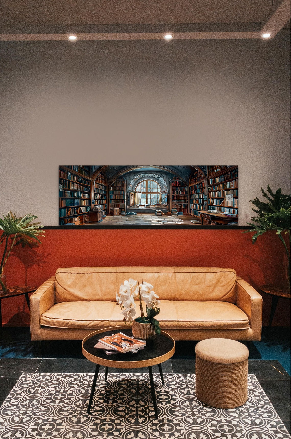 Mystic Library Arched Stone Hall Panoramic Watercolor Wall Art - Image 4