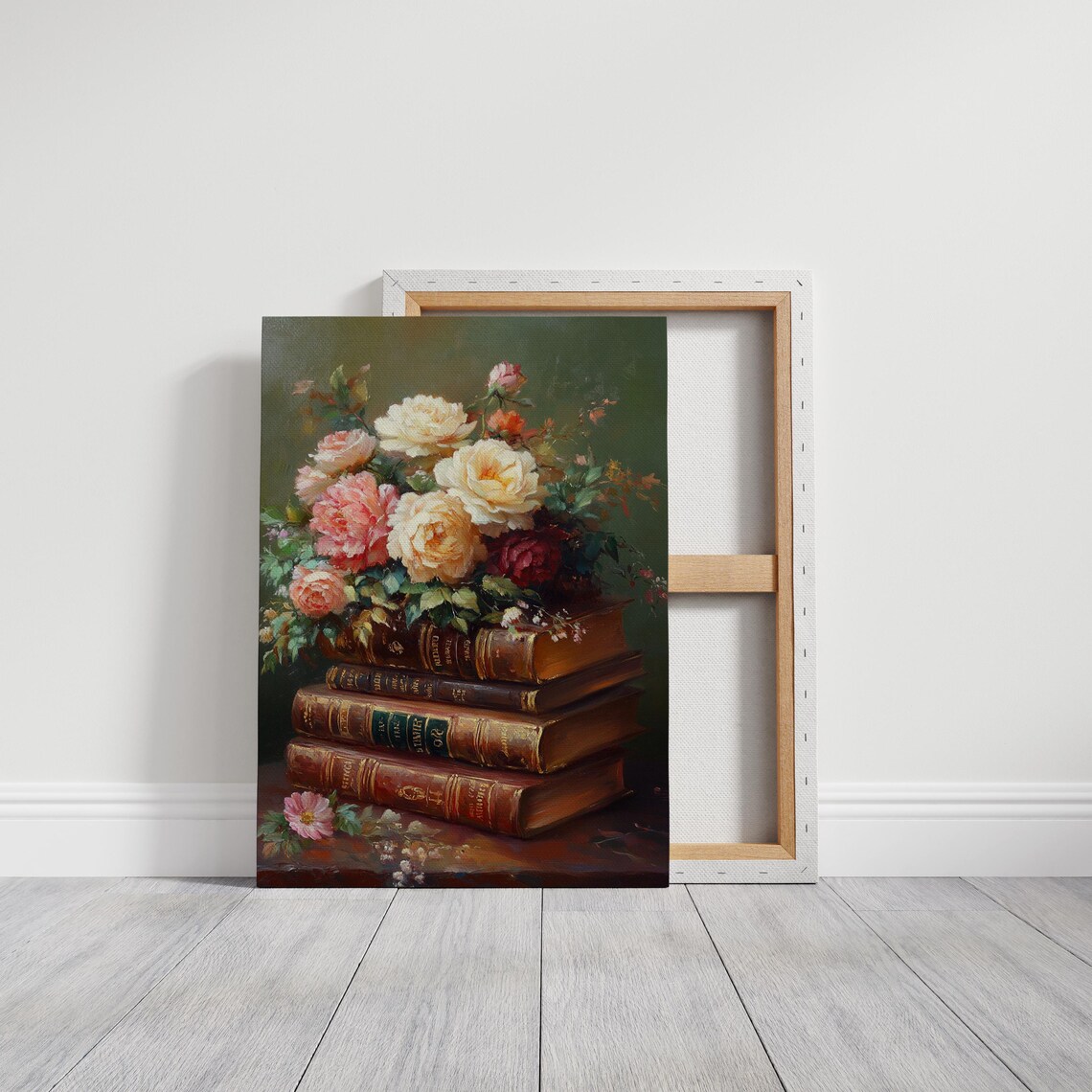 Antique Books With Rose Bouquet Dark Green Vintage Still Life Poster - Image 3