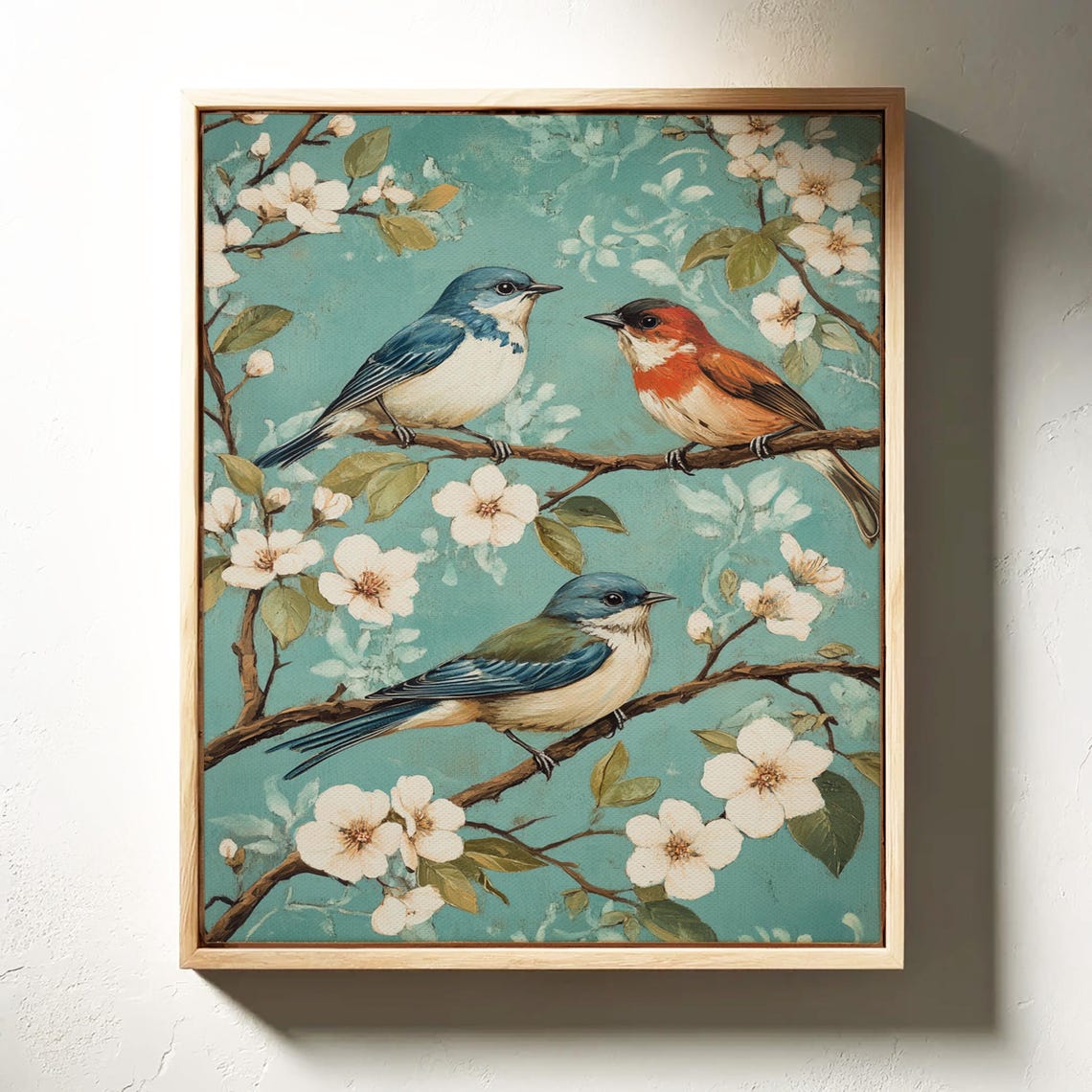 Songbirds On Cherry Blossom Branch Teal Vintage Bird Trio Poster - Image 3