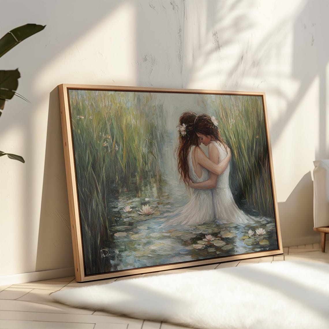Two Women Embracing In Serene Lily Pond Impressionist Love Poster