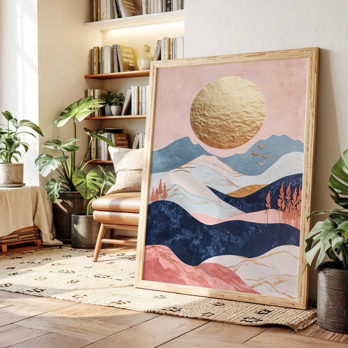 Luxury Abstract Mountain Art Gold Leaf Sun Blush Pink Sky Navy Poster