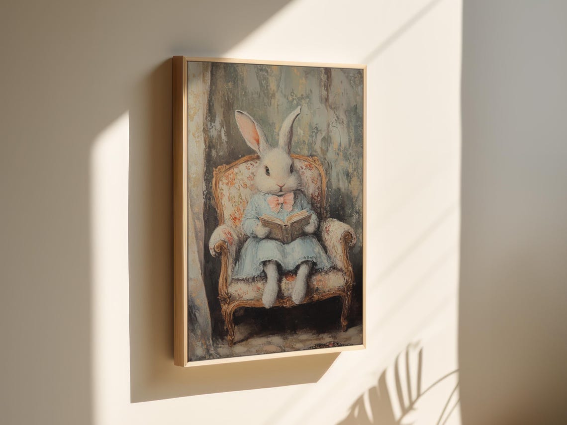 Charming Bunny Reading Book In Vintage Floral Armchair Poster - Image 4