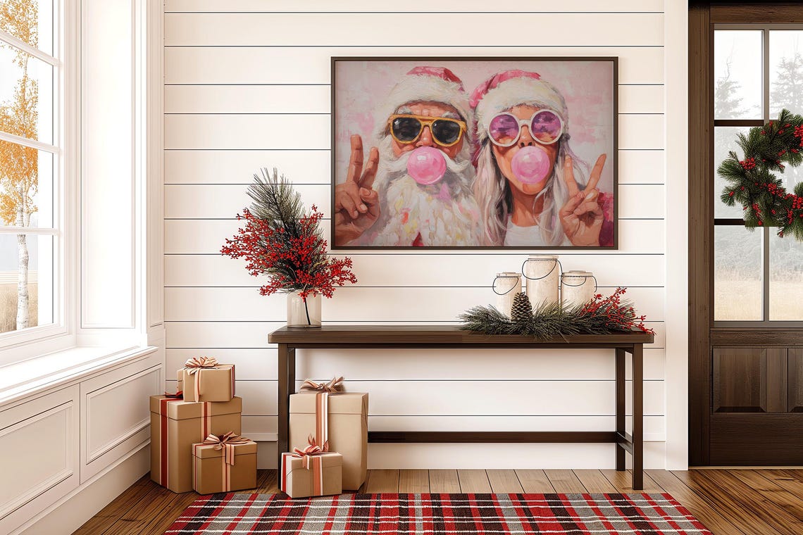 Santa and Mrs Claus Blowing Bubblegum Cool Christmas Art Poster