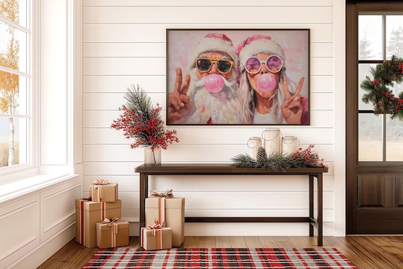 Santa and Mrs Claus Blowing Bubblegum Cool Christmas Art Poster