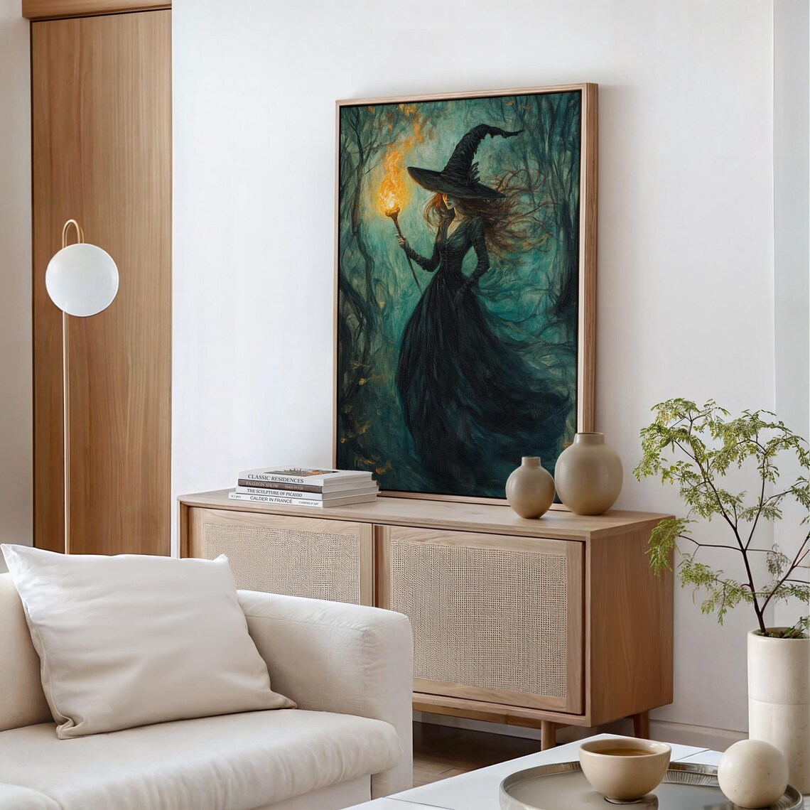 Mystical Witch Holding a Flaming Torch in a Dark Enchanted Forest Poster - Image 5