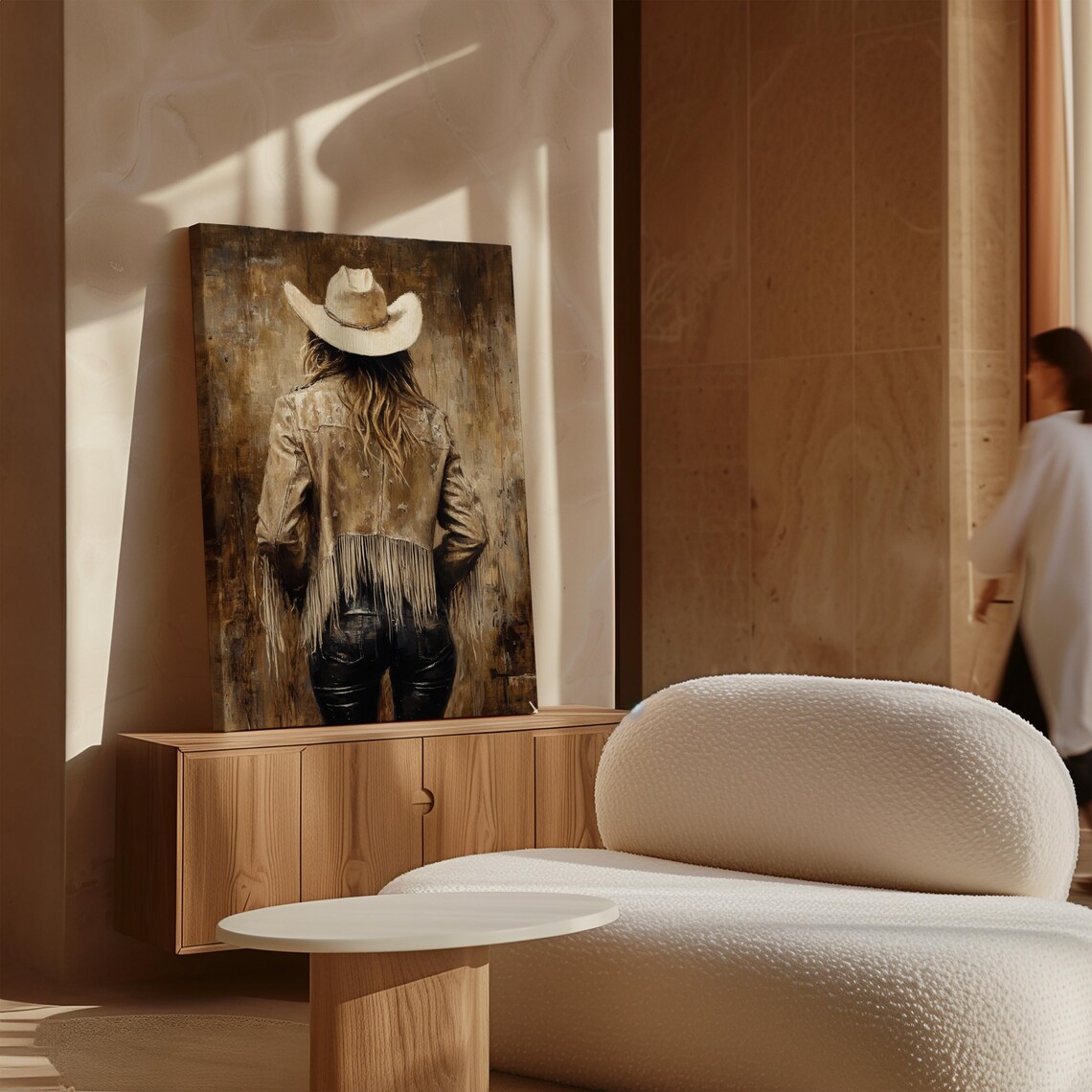 Cowgirl in Tan Fringe Jacket and White Hat Oil Painting Poster - Image 5