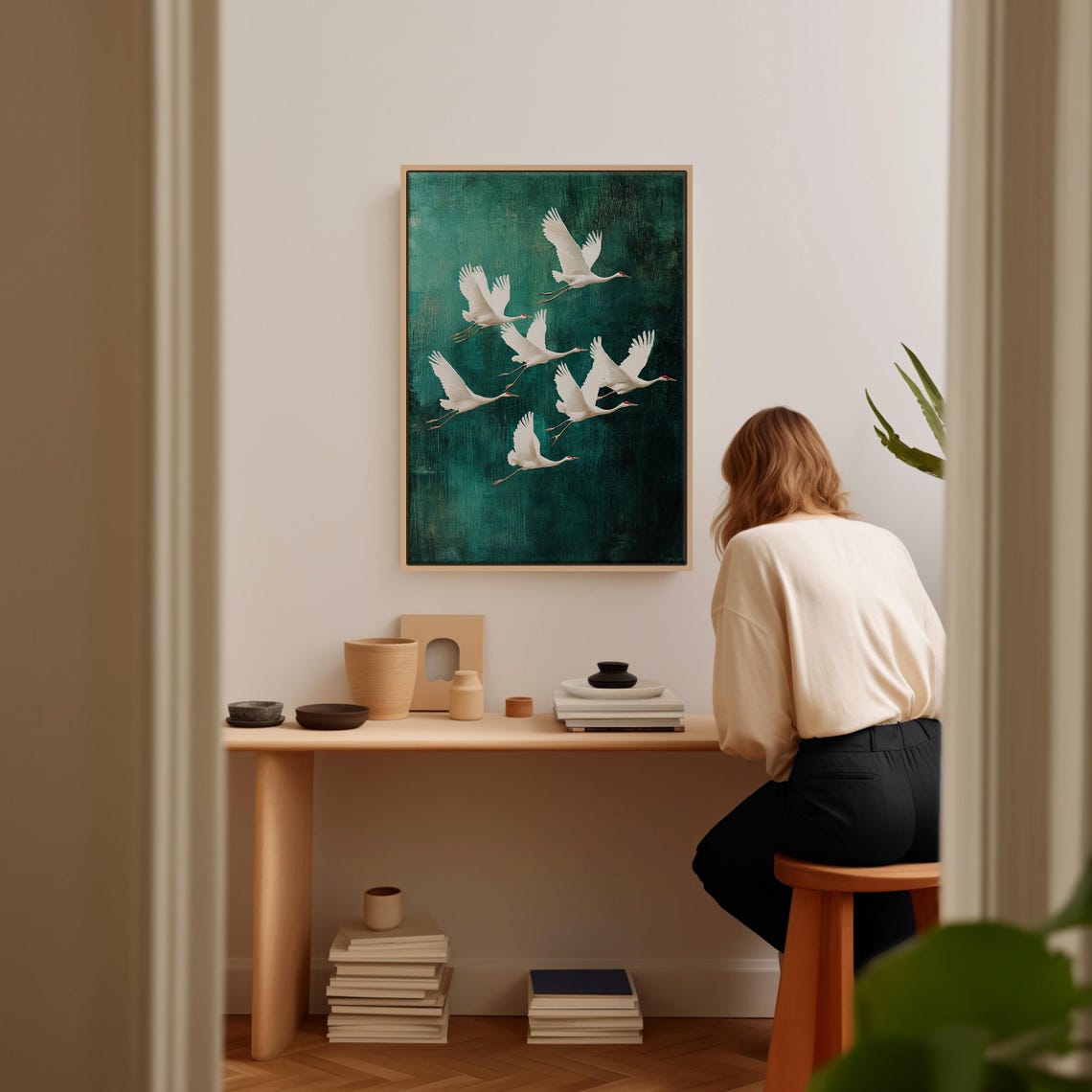Seven White Cranes In Flight Teal Green Minimalist Bird Poster - Image 5