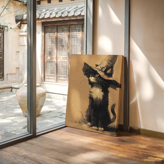 Black Cat In Witch Hat Vintage Halloween Illustration On Kraft Background