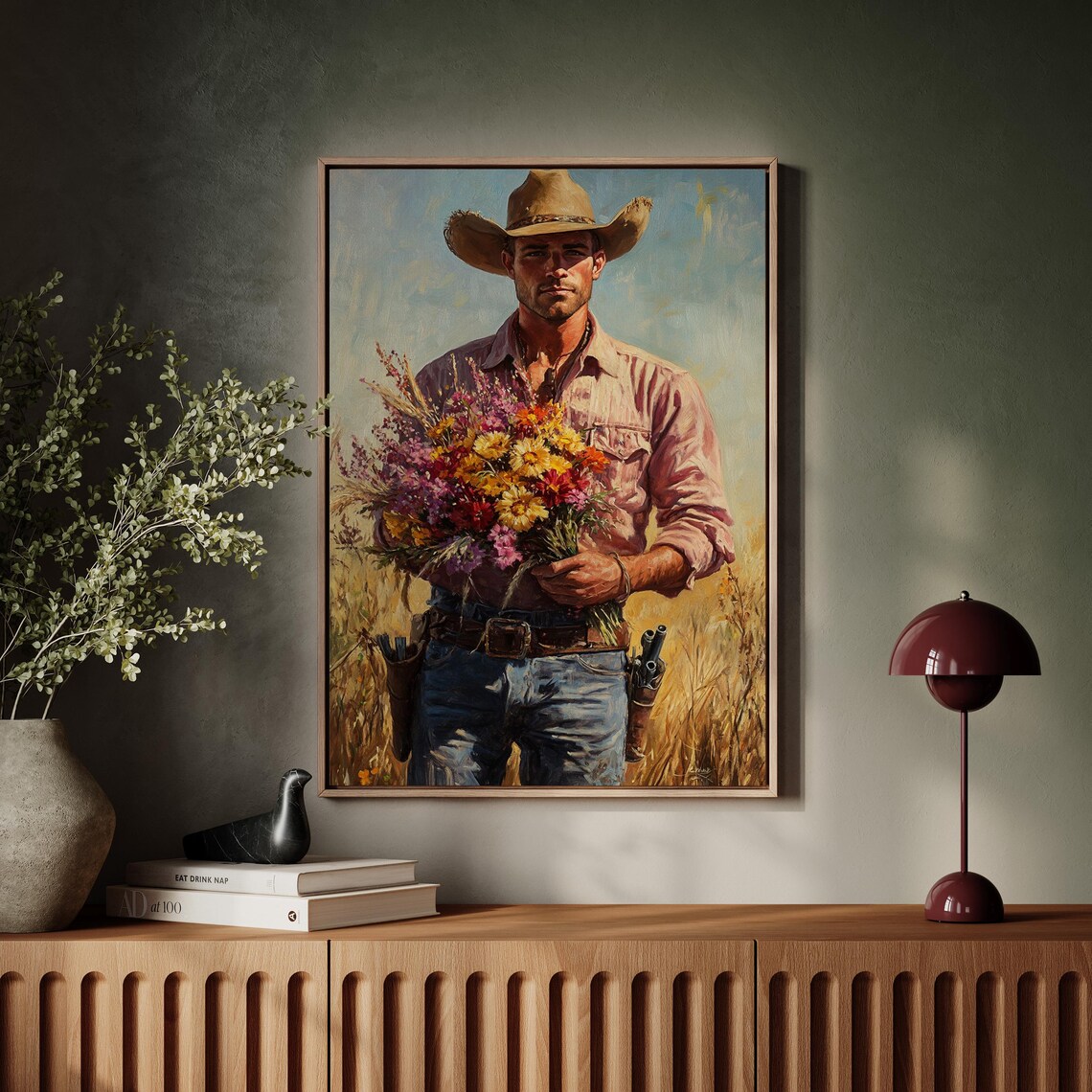 Rugged Cowboy Holding A Bouquet Of Wildflowers Oil Painting Poster - Image 5