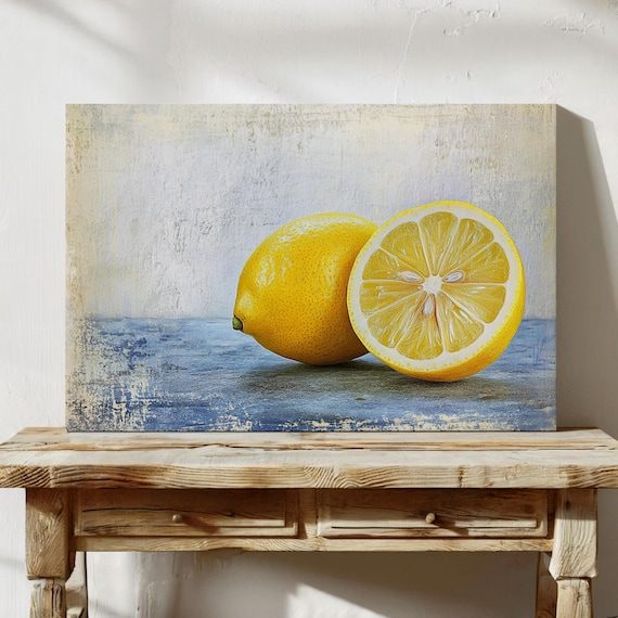 Rustic Lemon Still Life Bright Citrus Art For Kitchen Decor Textured Oil Painting Style With Vibrant Yellow Tones