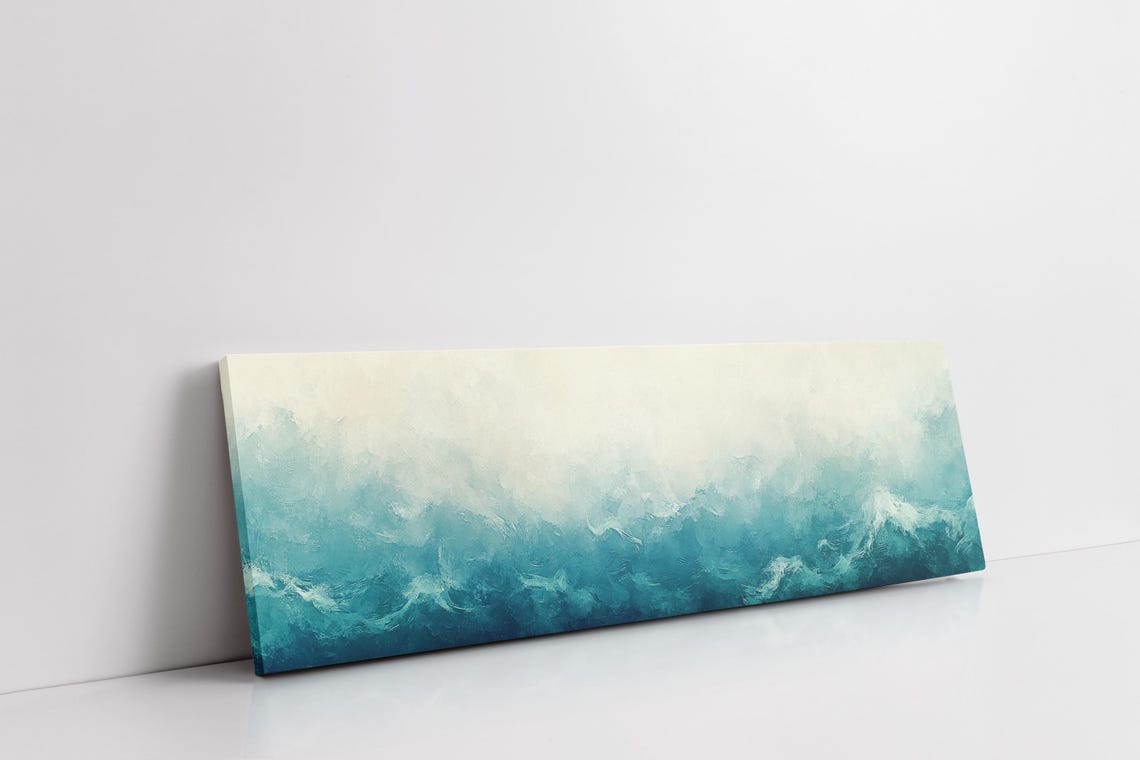 Abstract Teal Ocean Waves Under Pale Luminous Sky Panoramic Wall Art - Image 3