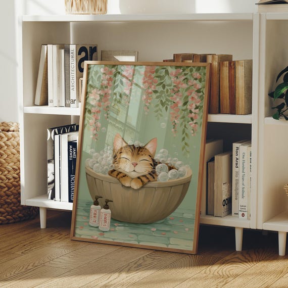 Sleepy Tabby Cat Bubble Bath Whimsical Floral Bathroom Wall Art