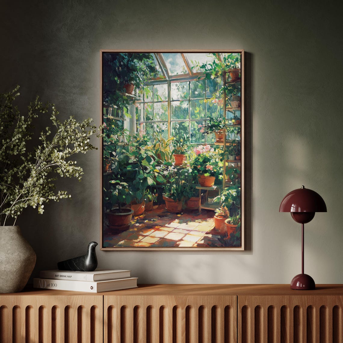 Sunlit Greenhouse Interior Filled With Lush Potted Plants Poster - Image 7