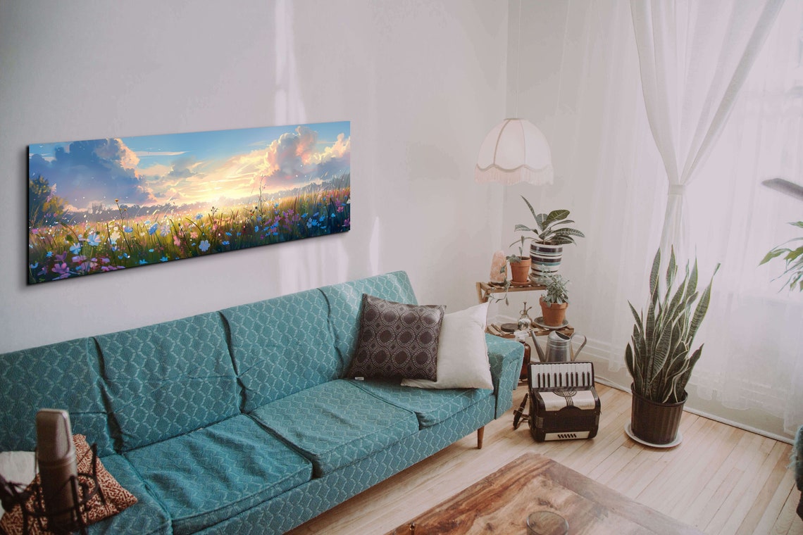 Wildflower Meadow at Golden Sunset Pastel Sky Panoramic Poster - Image 6