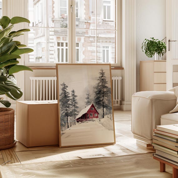 Red Cabin In Snowy Forest Watercolor