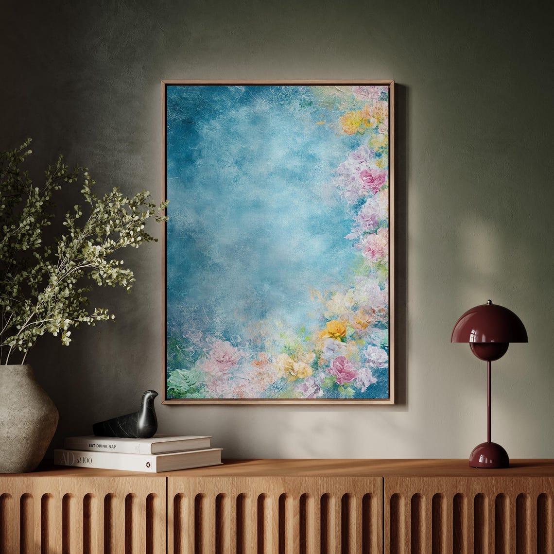 Pastel Blossoms On Teal Textured Abstract Floral Modern Art Poster - Image 7