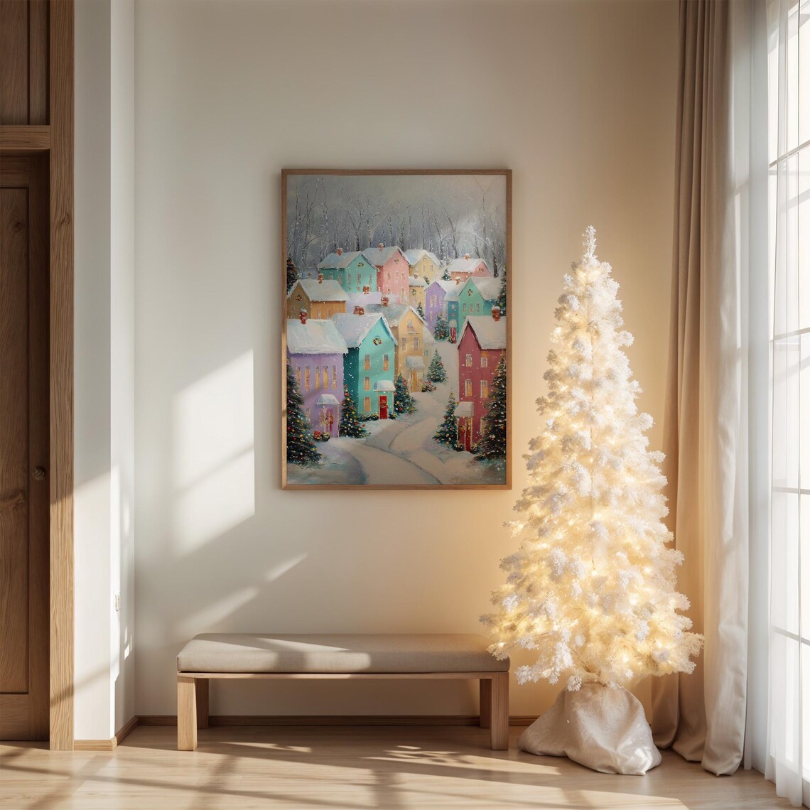 Pastel Winter Village Christmas Scene Art Print