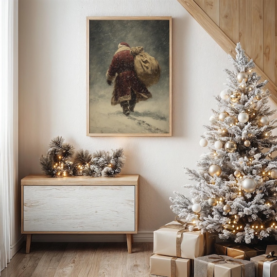 Vintage Santa Carrying Gift Sack Walking Through Snowstorm Poster